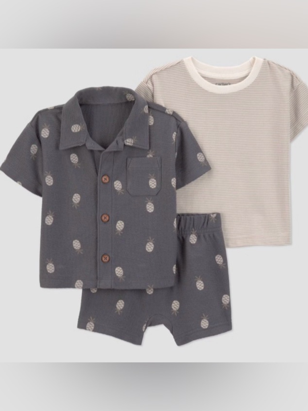 Carter's Gray Pineapple-Print 3-Piece Pajama Set with Cream Striped Tee
